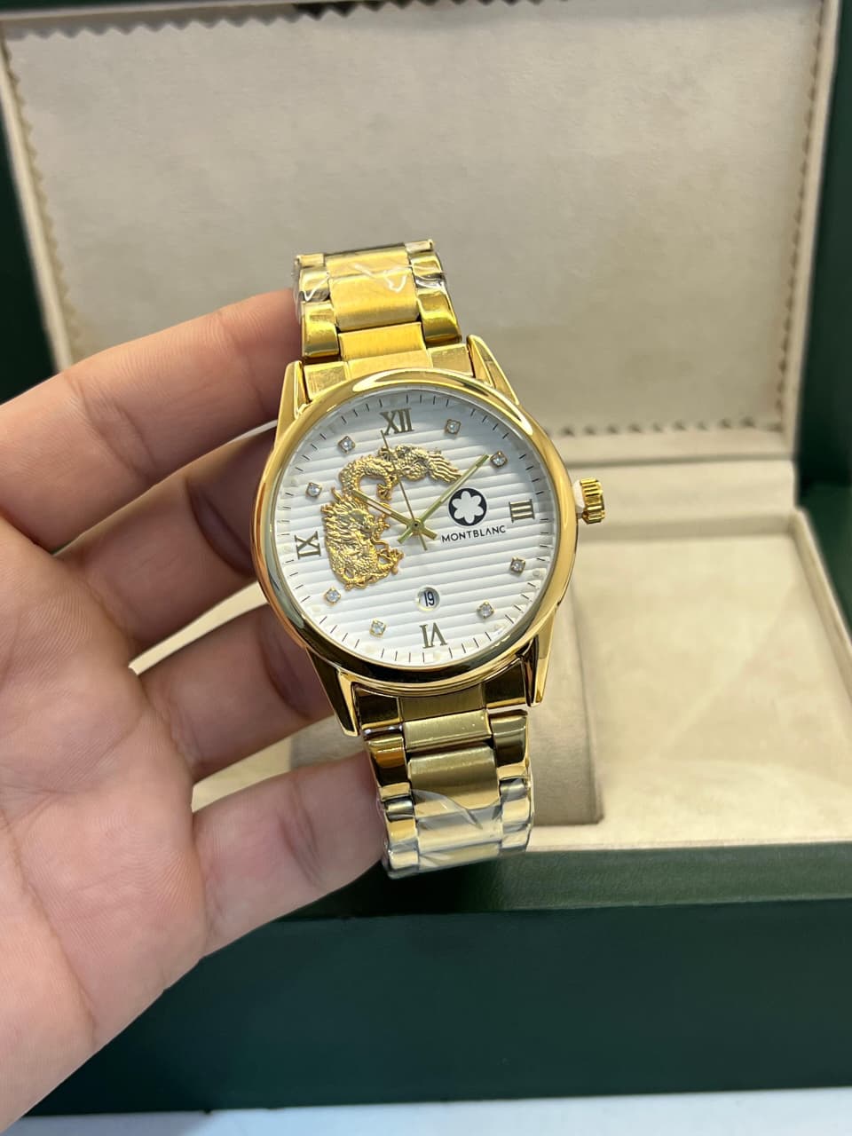 Gold Stainless Steel Watch with Dragon Dial & Date Display