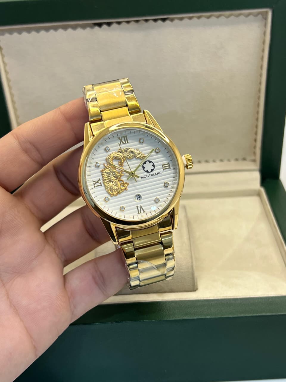 Gold Stainless Steel Watch with Dragon Dial & Date Display
