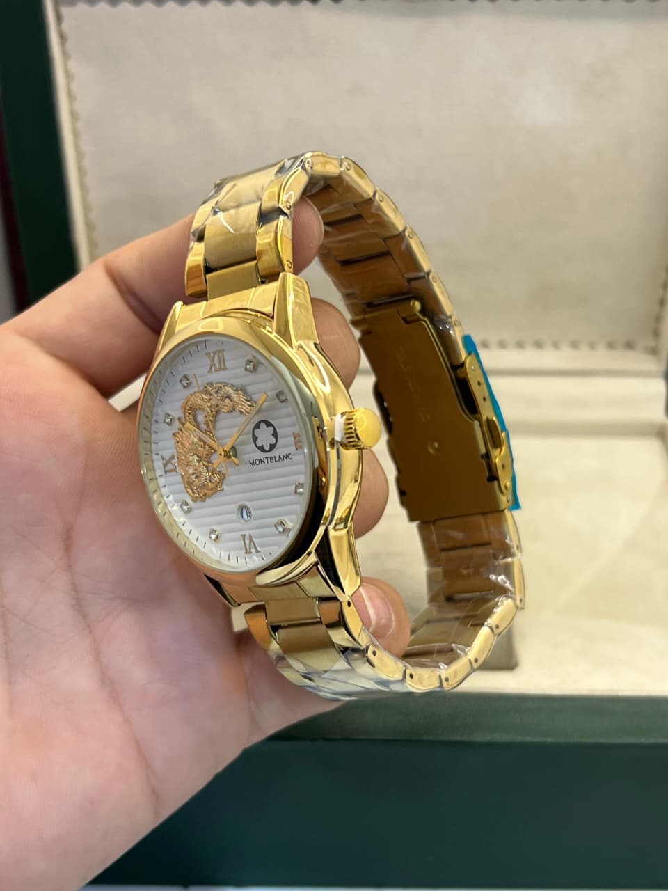 Gold Stainless Steel Watch with Dragon Dial & Date Display