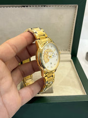 Gold Stainless Steel Watch with Dragon Dial & Date Display